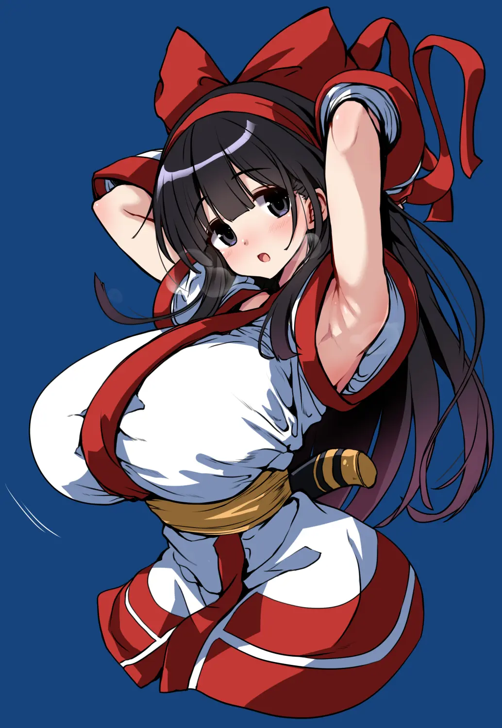 Image 1girls,big_breasts,breasts,female,female_only,highres,long_hair,looking_at_viewer,open_mouth,solo,black_hair,armpits,arms_behind_head,huge_breasts,hair_ribbon,busty,pose,posing,samurai_shodown,grey_eyes,ribbon,weapon,sensual,king_of_fighters,snk,sexy_armpits,soft_shading,nakoruru,hirowa_nagi