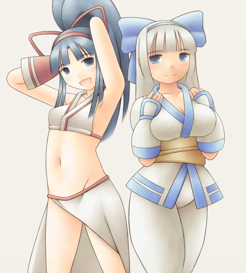 Image breasts,female,female_only,grey_hair,highres,large_breasts,long_hair,looking_at_viewer,open_mouth,smile,2girls,blue_eyes,blue_hair,gloves,multiple_girls,navel,bikini,small_breasts,thighs,voluptuous,ponytail,armpits,crossdressing,arms_behind_head,cleavage,legs,swimsuit,hair_ribbon,pose,posing,samurai_shodown,ribbon,fingerless_gloves,alternate_hairstyle,sensual,snk,sarong,confident,no_sex,majikina_mina,nakoruru,ainu_clothes