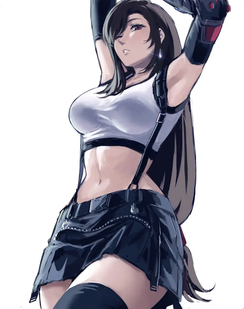 Image female,looking_at_viewer,thick_thighs,arms_up,winking_at_viewer,final_fantasy,final_fantasy_vii,tifa_lockhart,kivavis