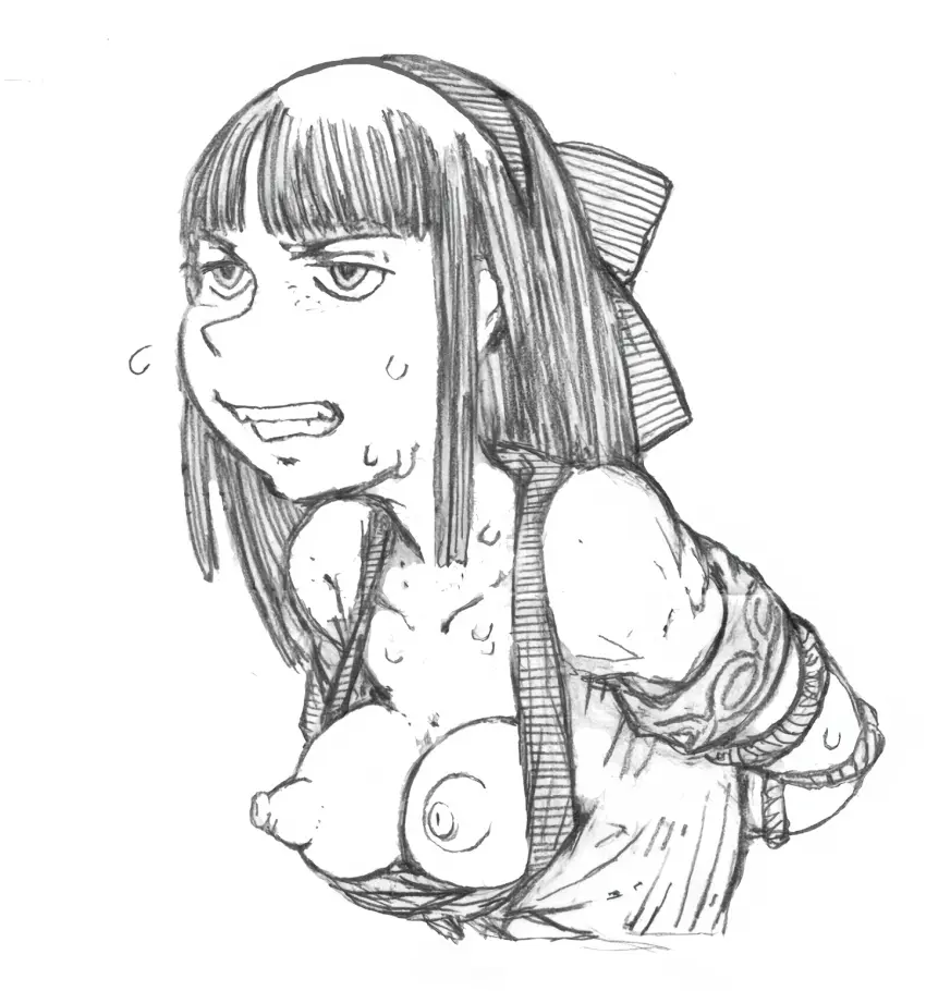 Image 1girls,breasts,breasts_out,female,female_only,highres,long_hair,nipples,open_mouth,solo,sweat,medium_breasts,hair_ribbon,samurai_shodown,ribbon,bondage,angry,femsub,bound,king_of_fighters,traditional_media_(artwork),snk,arms_behind_back,nakoruru,ainu_clothes,kitazawa_ryuhei