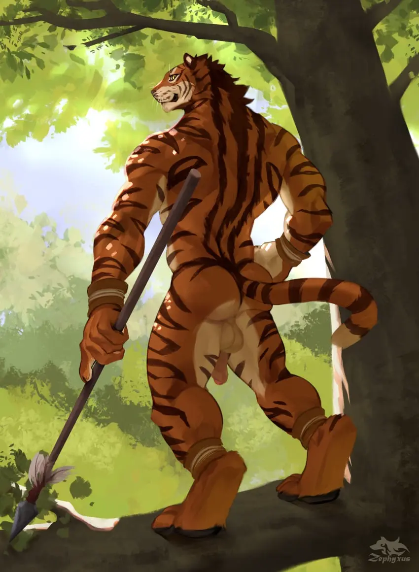 Image hi_res,looking_at_viewer,solo,standing,male,penis,tail,yellow_eyes,ass,looking_back,male_only,balls,anthro,outdoors,fur,holding_object,mammal,foreskin,uncircumcised,uncut,tree,holding_weapon,weapon,forest,plant,orange_fur,looking_back_at_viewer,felid,tribal,pantherine,stripes,tiger,pawpads,digitigrade,backsack,melee_weapon,whiskers,striped_body,striped_fur,male_anthro,outdoor_nudity,black_pawpads,holding_polearm,polearm,spear,holding_melee_weapon,holding_spear,host,dreamscape,zephyxus