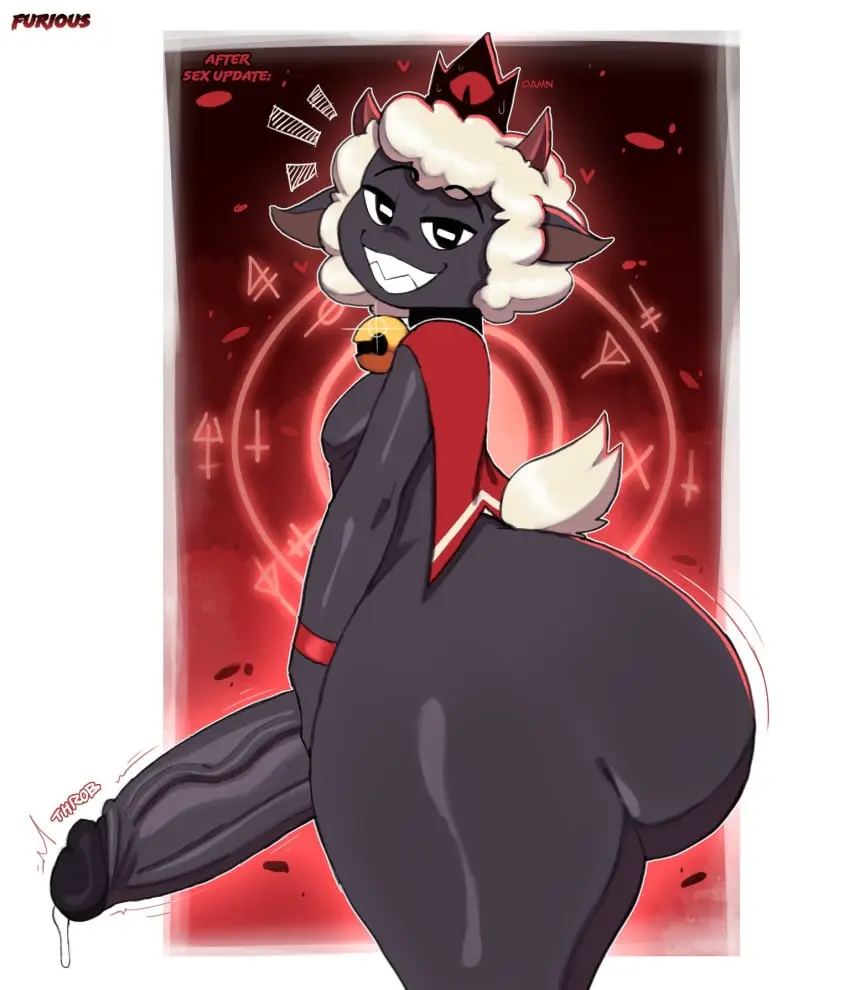 Image clothing, hi_res, looking_at_viewer, smile, solo, white_hair, 1boy, male, penis, ass, big_ass, big_penis, bottom_heavy, huge_ass, erection, humanoid_penis, wide_hips, horns, femboy, grin, headgear, side_view, hair, huge_cock, anthro, sharp_teeth, genital_fluids, collar, bodily_fluids, fur, genitals, mammal, precum, black_body, cape, horn, girly, hyper_penis, precum_drip, hung_femboy, solo_male, dripping, humanoid_genitalia, bovid, hyper_ass, hyper, hyper_genitalia, crown, caprine, sheep, black_fur, teapot_(body_type), bell, bell_collar, cult_of_the_lamb, lamb_(cult_of_the_lamb), zrfurious, huge_penis, pear-shaped_figure, domestic_sheep, hung_trap, massive_monster_(studio), red_crown