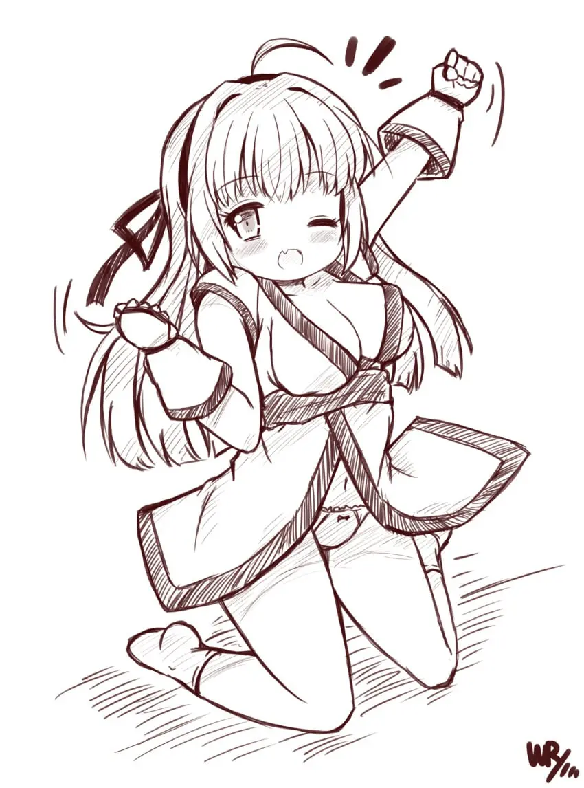 Image 1girls,big_breasts,blush,breasts,female,female_only,highres,large_breasts,looking_at_viewer,no_bra,open_mouth,solo,gloves,navel,thighs,voluptuous,kneeling,feet,watermark,artist_name,cleavage,legs,one_eye_closed,wink,character_request,hair_ribbon,busty,samurai_shodown,monochrome,ribbon,oerba_yun_fang,sketch,fingerless_gloves,dungeon_fighter_online,arm_up,cosplay,king_of_fighters,snk,traditional_media,dungeon_and_fighter,nakoruru,ainu_clothes,dnf_duel