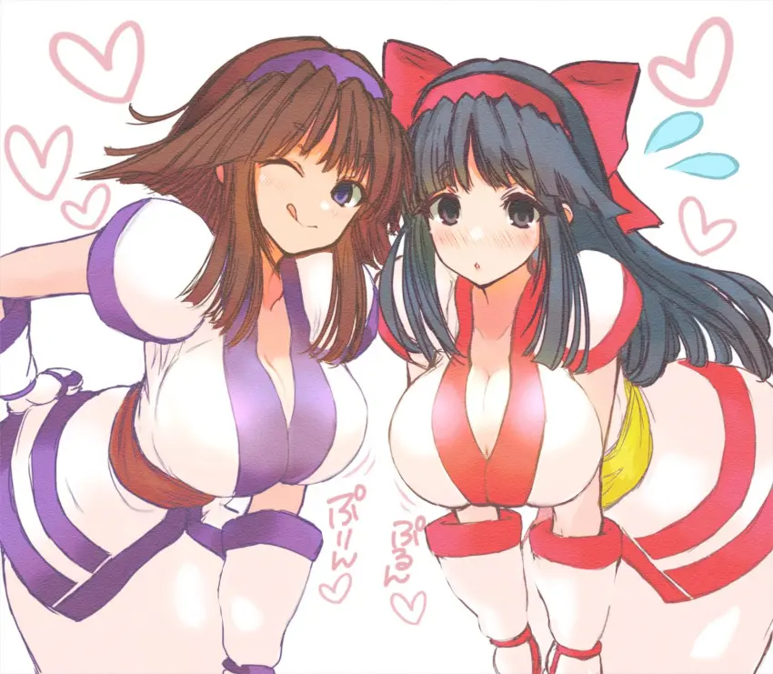 Image big_breasts,blush,breasts,female,highres,large_breasts,long_hair,looking_at_viewer,open_mouth,pants,smile,white_background,2girls,black_hair,gloves,multiple_girls,short_hair,tongue_out,tongue,thighs,cleavage,legs,one_eye_closed,wink,hair_ribbon,purple_eyes,busty,pose,posing,brown_hair,hand_on_hip,samurai_shodown,bent_over,black_eyes,ribbon,heart,licking_lips,hanging_breasts,fingerless_gloves,leaning_forward,sensual,snk,confident,dual_persona,hand_on_own_knee,hands_on_own_knees,nakoruru,ainu_clothes,murasaki_nakoruru