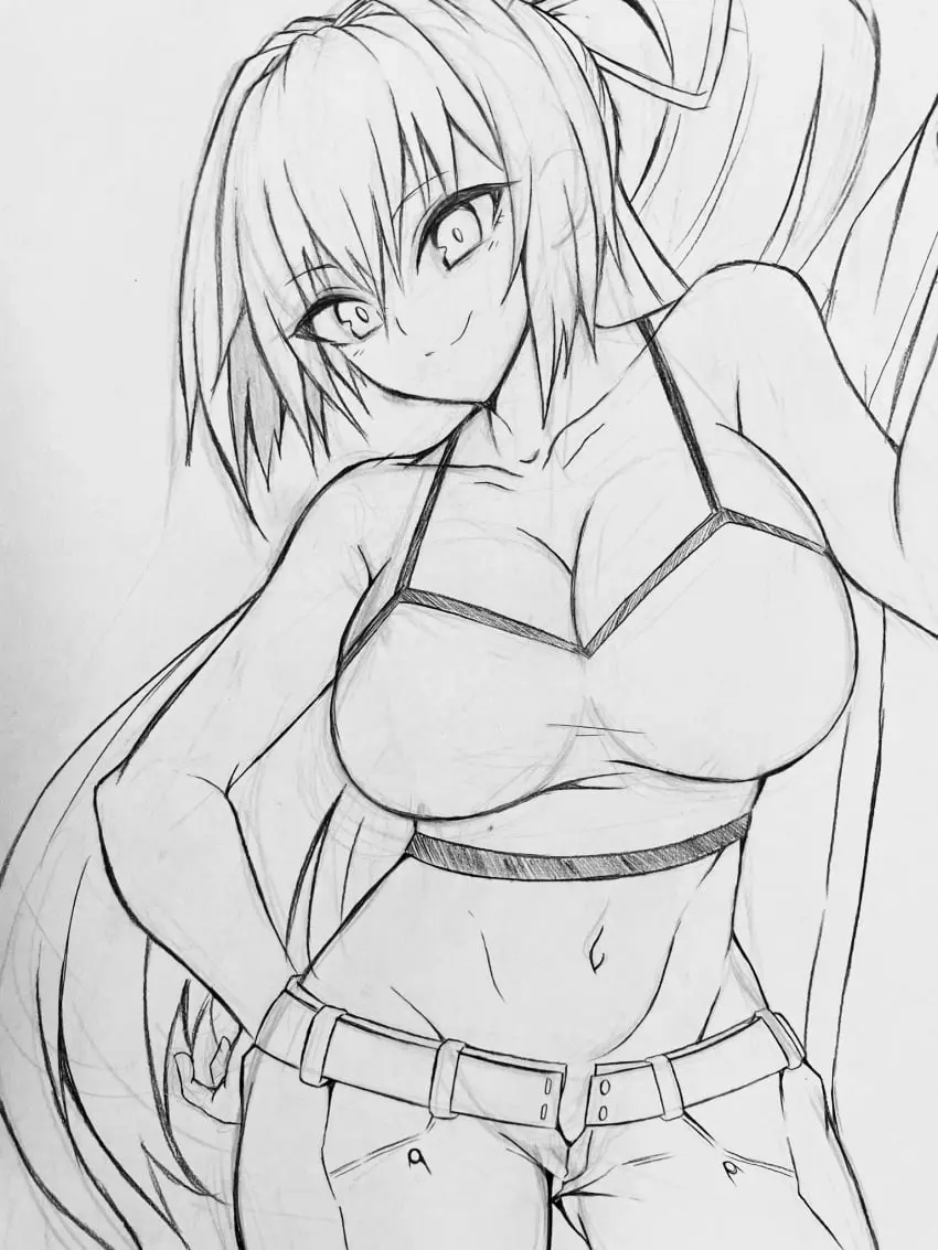 Image 1girls,big_breasts,breasts,female,female_only,highres,large_breasts,long_hair,looking_at_viewer,no_bra,pants,shirt,smile,very_long_hair,navel,thighs,ponytail,cleavage,midriff,legs,hair_ribbon,busty,pose,posing,hand_on_hip,monochrome,no_panties,ribbon,sleeveless,sleeveless_shirt,sketch,unbuttoned,toned,sensual,unzipped,traditional_media,unfinished,under_night_in-birth,yuzuriha_(under_night_in-birth)