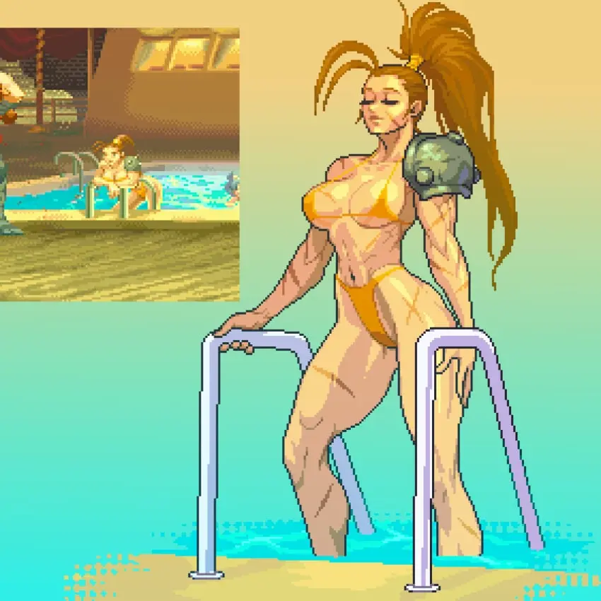Image 1girls,big_breasts,breasts,female,highres,human,long_hair,smile,navel,bikini,thick_thighs,thighs,ponytail,water,cleavage,2d,legs,swimsuit,busty,brown_hair,closed_eyes,micro_bikini,female_human,scar,scars,pool,toned,pixel_art,sensual,thong_bikini,capcom,human_female,yellow_bikini,reference_image,alien_(franchise),predator_(franchise),alien_vs_predator,linn_kurosawa,omegachaino