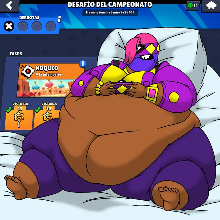 Image female,female_only,thick_thighs,thighs,belly,pink_hair,fat_ass,dark-skinned_female,bed,tight_clothing,faceless,clothes_lift,edit,brawl_stars,bandage,phone,fat,morbidly_obese,obese,ssbbw,bbw,playing_videogame,supercell,fat_butt,weight_gain,tara_(brawl_stars),tight,skin,fattening