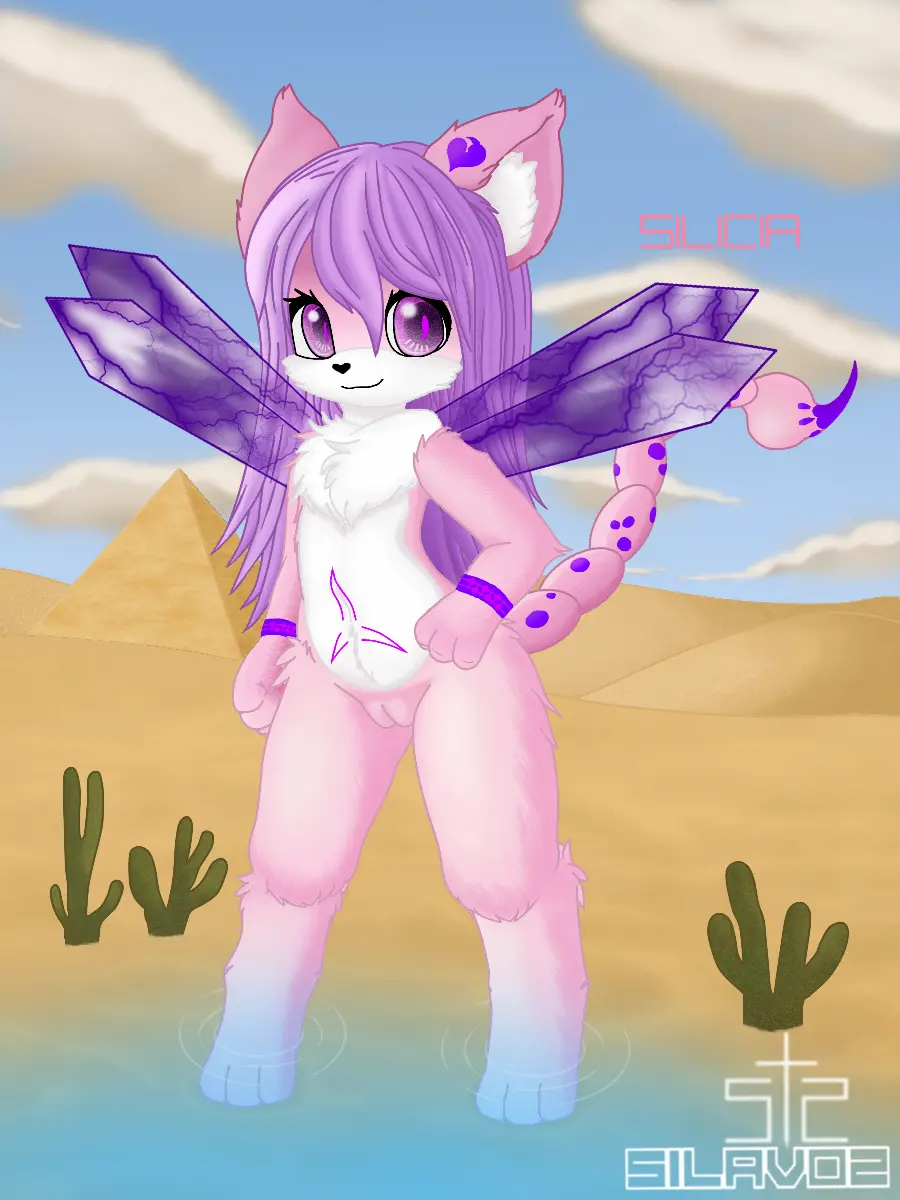 Image female,hi_res,long_hair,smile,solo,standing,pussy,watermark,grin,hair,wings,anthro,purple_eyes,purple_hair,canid,canine,fur,genitals,mammal,arthropod,feline,white_body,fox,white_fur,pink_body,felid,pink_fur,chimera,innie_pussy,arachnid,desert,scorpion,scorpion_tail,holding_hips,silavos,symbol_on_belly