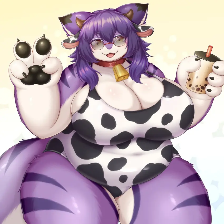 Image big_breasts,breasts,female,furry,thick_thighs,wide_hips,huge_breasts,tagme,one-piece_swimsuit,cow_print,boba_tea,shibaemonxsk