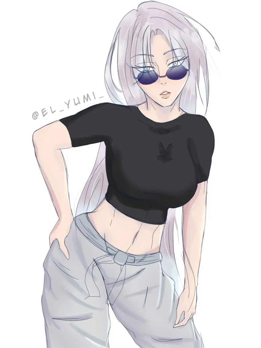 Image 1girls,big_breasts,breasts,female,long_hair,white_hair,midriff,solo_female,tagme,hand_on_hip,sunglasses,looking_over_eyewear,looking_over_glasses,looking_over_sunglasses,rule_63,tinted_eyewear,jujutsu_kaisen,black_shirt,genderswap_(mtf),purple-tinted_eyewear,genderswap,satoru_gojo,midriff_baring_shirt,lips_parted