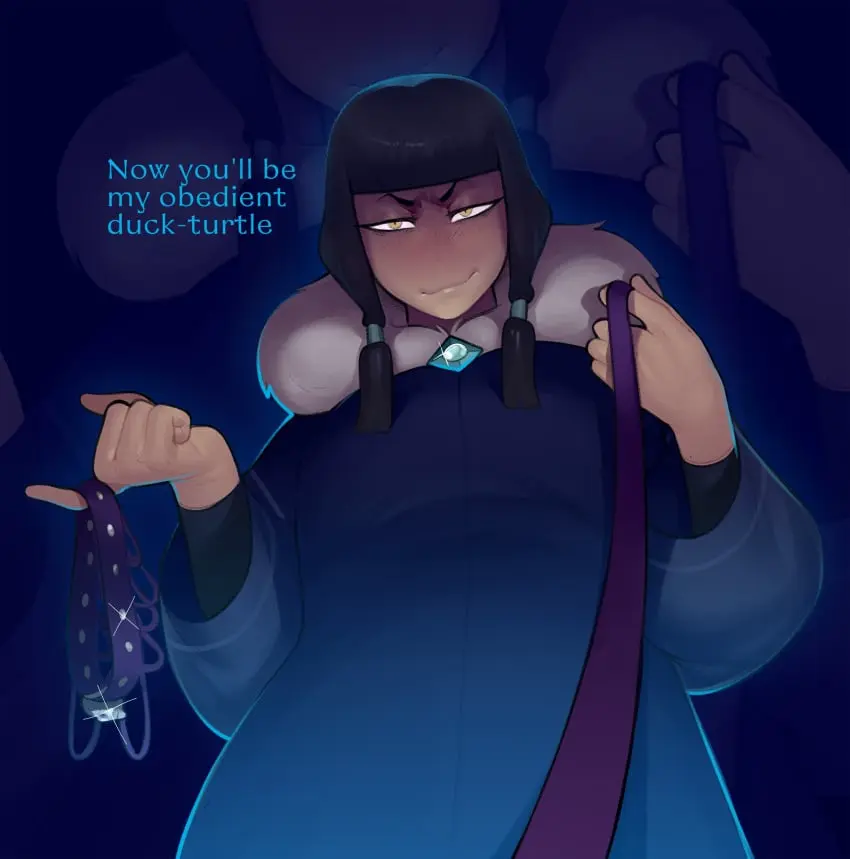 Image 1girls,female,smile,bangs,blue_eyes,dark_skin,color,text,english_text,leash,dominant_female,avatar_legends,avatar_the_last_airbender,water_tribe,nickelodeon,leash_pull,leash_and_collar,the_legend_of_korra,mr_fuga,eska