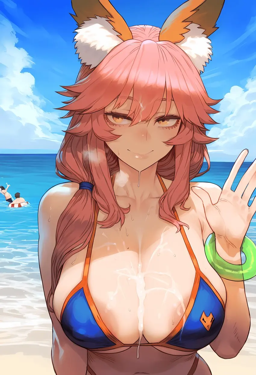 Image 1girls,breasts,female,animal_ears,male,bikini,dark-skinned_male,beach,ai_generated,pink_hair,cum_on_breasts,cum_on_body,bikini_top,fox_ears,2024,fate_(series),kaikoi,ear_tuft,tamamo_no_mae_(fate)