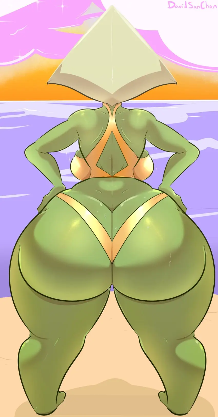 Image 1girls,breasts,female,female_only,solo,bikini,ass,big_ass,bottom_heavy,bubble_butt,huge_ass,thick_thighs,massive_ass,wide_hips,beach,water,ocean,fat_ass,thick_ass,green_skin,swimsuit,cloud,rear_view,shortstack,outside,large_ass,thunder_thighs,ass_cleavage,png,butt_crack,hands_on_hips,gem_(species),steven_universe,peridot_(steven_universe),gold_bikini,davidsanchan