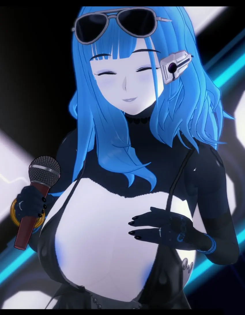 Image 1girls,female,long_hair,looking_at_viewer,smile,solo,blue_hair,areola,areolae,happy,solo_female,solo_focus,glasses,tagme,pale-skinned_female,pale_skin,closed_eyes,3d,koikatsu,microphone,hand_on_breast,va-11_hall-a,spiritofrei,kira_miki