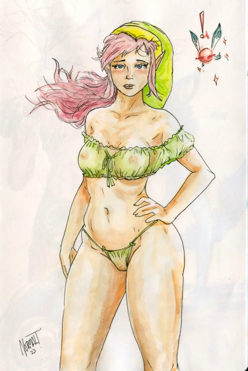 Image blush,female,pussy,shaved_pussy,belly,belly_button,lingerie,pink_hair,elf,nintendo,hand_on_hip,see-through,elf_female,the_legend_of_zelda,rule_63,link,traditional_media_(artwork),genderswap_(mtf),genderswap,tummy,see-through_top,see-through_panties,watercolor_(artwork),link_(shounen_captain),normalt