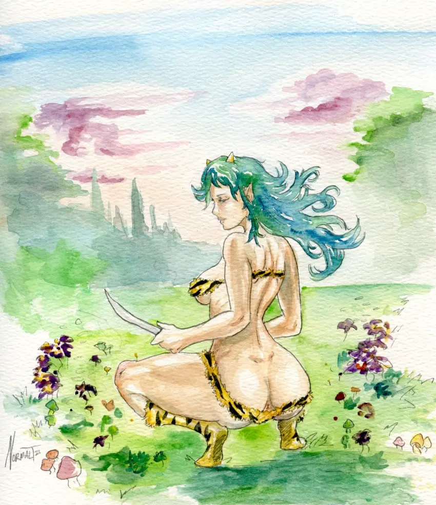 Image bikini,anus,green_hair,squatting,anus_peek,traditional_media_(artwork),anus_only,watercolor_(artwork),urusei_yatsura,lum,normalt,bikini_bottom_down
