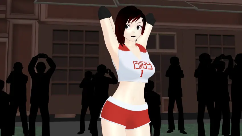 Image 1girls,big_breasts,breasts,female,female_only,hi_res,large_breasts,open_mouth,smile,solo,black_hair,navel,short_hair,armpits,sportswear,arms_behind_head,midriff,busty,pose,posing,3d,grey_eyes,shorts,tank_top,rwby,confident,ruby_rose,sexy_armpits