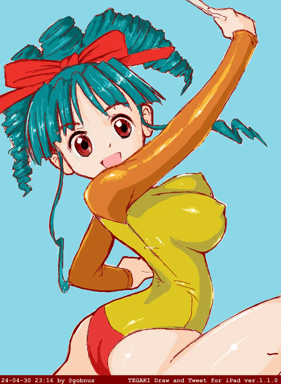 Image 1girls,big_breasts,breasts,female,large_breasts,looking_at_viewer,open_mouth,red_eyes,smile,solo,ass,big_ass,thighs,sideboob,legs,hair_ribbon,busty,green_hair,ribbon,leotard,arm_up,drill_hair,covered_erect_nipples,asuka_120_percent,drill_ponytail,ookubo_kumi