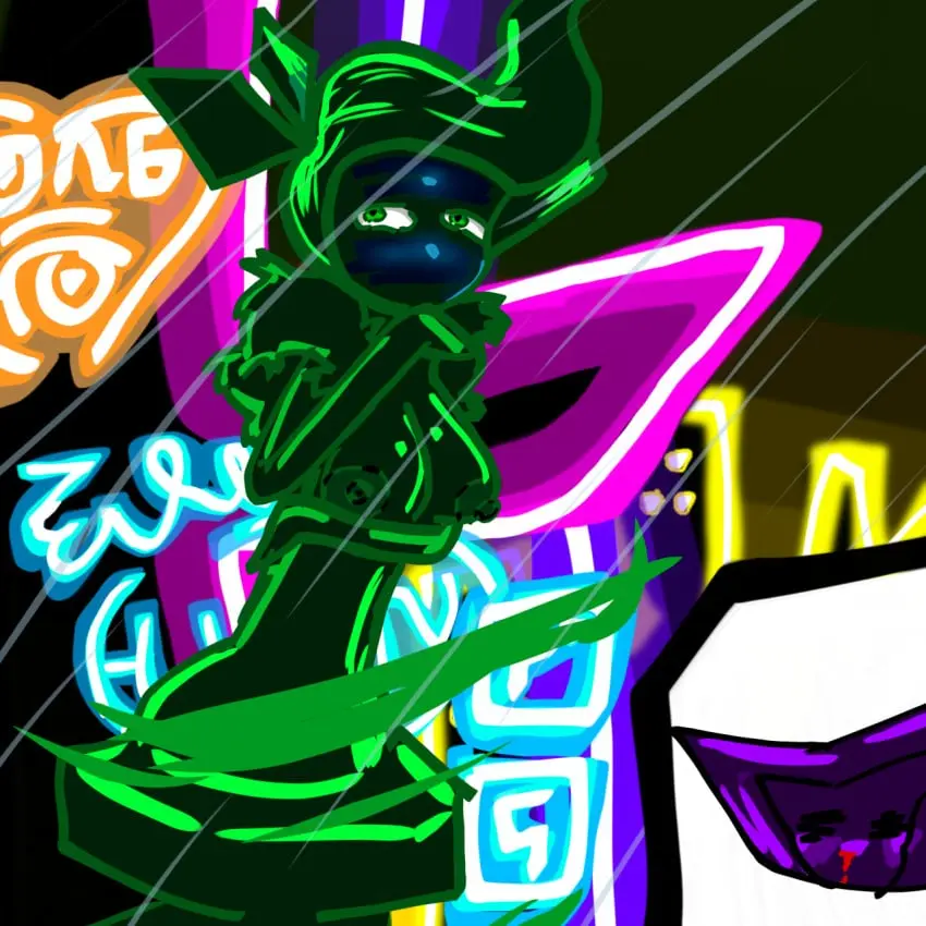 Image breasts,female,black_hair,green_eyes,monster,monster_girl,no_humans,nosebleed,city,green_highlights,mii,no_legs,miitopia,dark_king_(miitopia),dark_queen_(miitopia),new_lumos