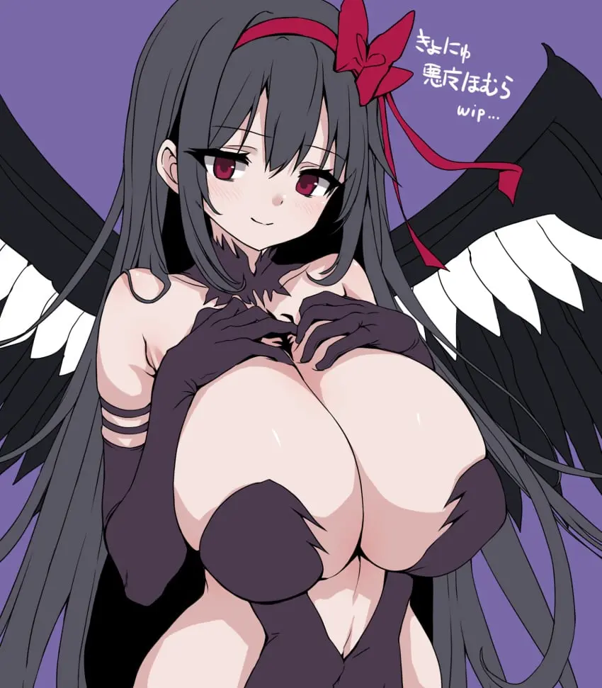 Image 1girls,breasts,female,female_only,highres,large_breasts,long_hair,looking_at_viewer,red_eyes,smile,solo,very_long_hair,black_hair,gloves,seductive,seductive_smile,voluptuous,cleavage,huge_breasts,mahou_shoujo_madoka_magica,puella_magi_madoka_magica,hair_ribbon,busty,ribbon,alternate_breast_size,hands_on_own_chest,covered_navel,translation_request,japanese_text,sensual,confident,akemi_homura,fur_clothing,hirowa_nagi,akuma_homura