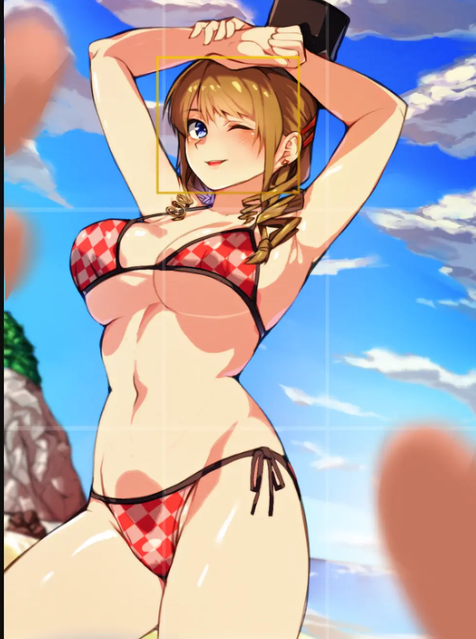 Image 1girls,big_breasts,breasts,female,female_only,hi_res,large_breasts,looking_at_viewer,smile,solo,blue_eyes,navel,bikini,thighs,voluptuous,armpits,arms_above_head,cleavage,legs,one_eye_closed,wink,original,busty,brown_hair,drill_hair,red_bikini,sexy_armpits
