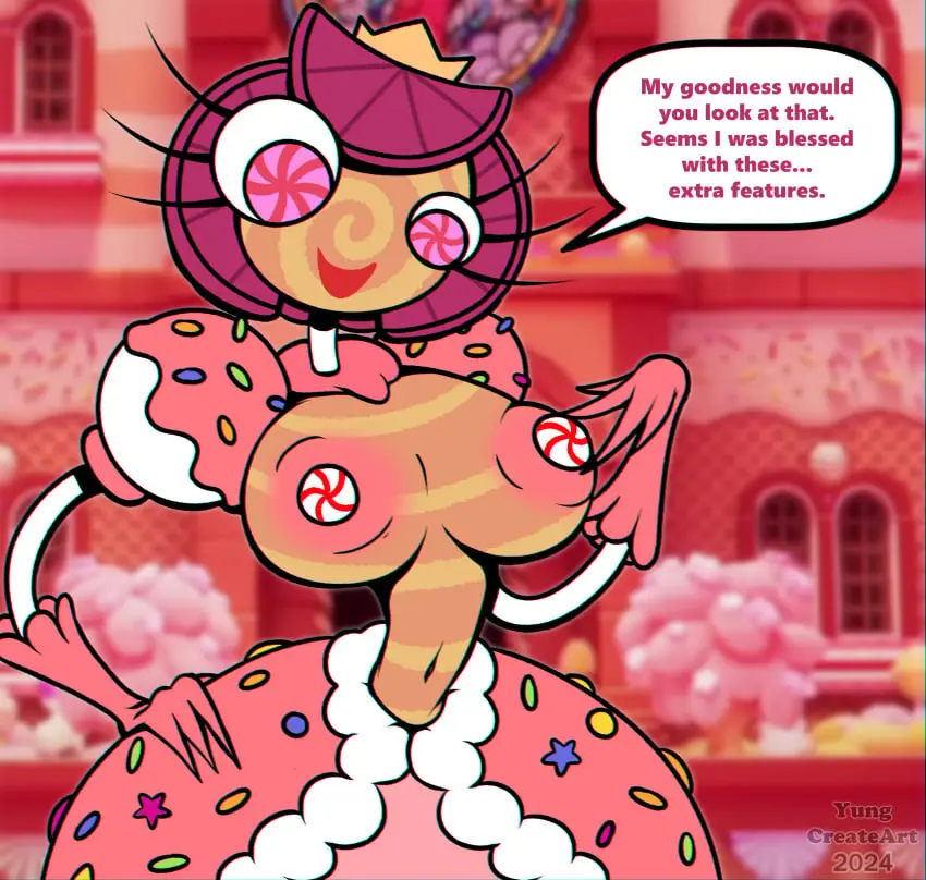 Image 1girls,big_breasts,breasts,exposed_breasts,female,nipples,female_focus,humanoid,pink_hair,text,alternate_version_available,non-mammal_breasts,english_text,speech_bubble,the_amazing_digital_circus,candy,candy_girl,princess_loolilalu,yungcreateart