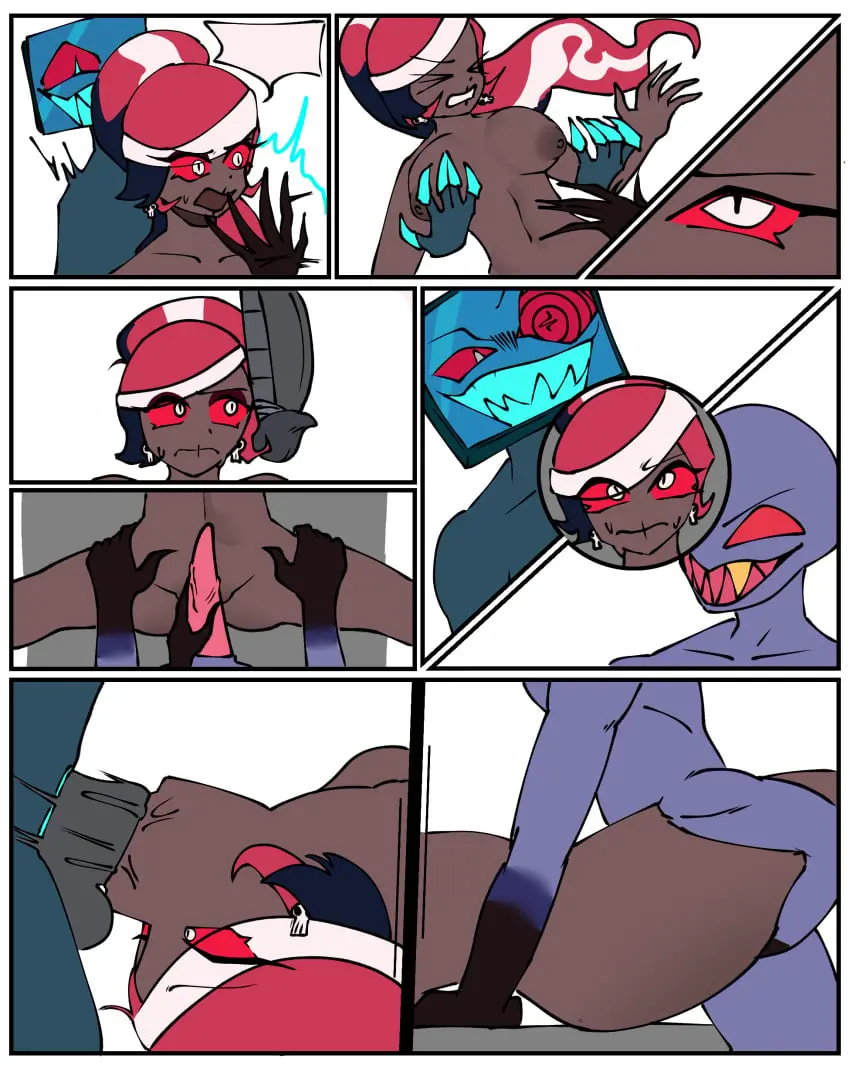 Image 1girls,female,red_eyes,white_background,male,nude,penis,pussy,red_hair,earrings,female_focus,ponytail,dark_skin,2boys,demon,vaginal_penetration,blowjob,sharp_teeth,comic,blue_body,purple_body,spitroast,dubious_consent,hazbin_hotel,bald,gangbang,moth,multi_arm,multi_limb,hair_up,4_arms,tv_head,vox_(hazbin_hotel),valentino_(hazbin_hotel),golden_tooth,velvette,tv_screen,saterax