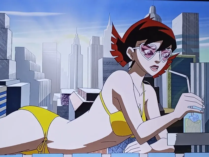 Image 1girls,big_breasts,breasts,female,female_only,hi_res,open_mouth,solo,short_hair,lying,bikini,thighs,sideboob,on_stomach,from_side,arm_support,lying_on_stomach,sunglasses,tinted_eyewear,on_model,marvel,marvel_comics,pink-tinted_eyewear,screencap,yellow_bikini,the_pose,drink,avengers,janet_van_dyne,the_avengers:_earth's_mightiest_heroes,wasp_(earth's_mightiest_heroes),wasp_(marvel)