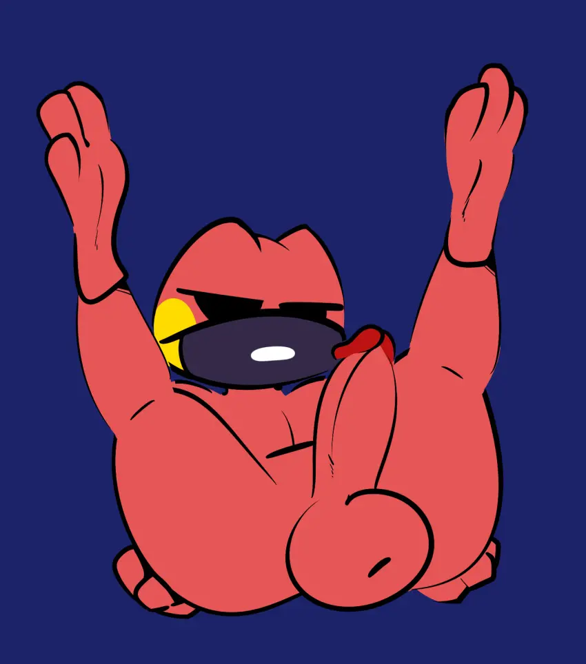 Image hi_res,simple_background,solo,male,penis,big_penis,blue_background,thick_thighs,feet,male_only,balls,anthro,spread_legs,spreading,big_balls,genitals,huge_balls,red_body,amphibian,frog,face_mask,1-upclock,ren_(1-upclock)