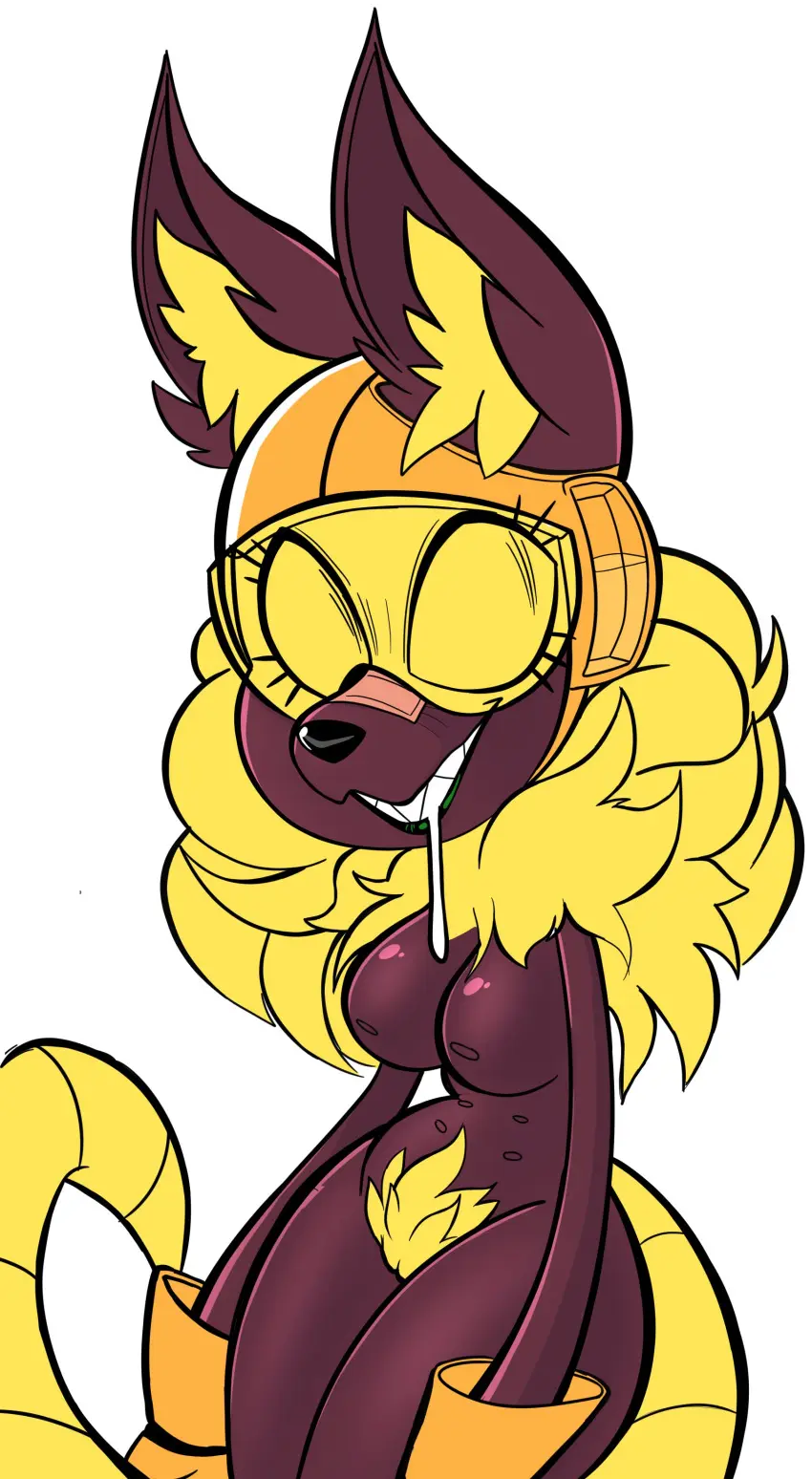 Image breasts,clothing,female,hi_res,nipples,simple_background,smile,solo,white_background,gloves,tail,digital_drawing_(artwork),digital_media_(artwork),eyelashes,headgear,teeth,drooling,saliva_string,anthro,lips,absurd_res,saliva,sharp_teeth,bodily_fluids,canid,canine,fur,mammal,big_eyes,yellow_body,yellow_fur,small_waist,black_nose,front_view,brown_fur,tuft,handwear,brown_body,pubes,armor,helmet,brown_ears,yellow_tail,2020,portrait,inner_ear_fluff,visor,yellow_clothing,yellow_gloves,yellow_handwear,three-quarter_portrait,yellow_inner_ear_fluff,multi_nipple,qwerty_soda,blonde_pubes
