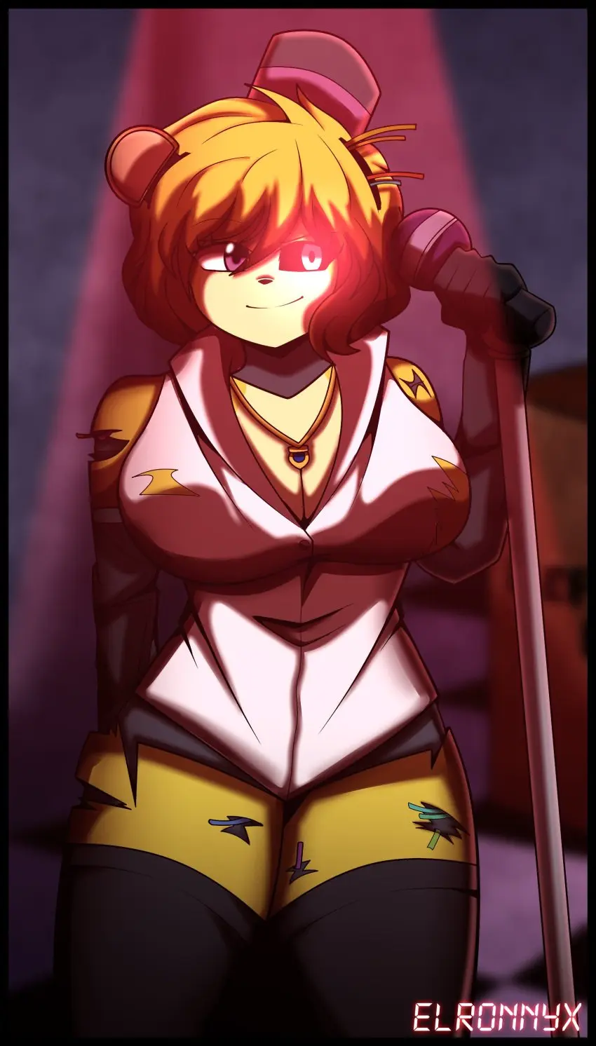 Image 1girls,breasts,female,solo,short_hair,thick_thighs,thighs,solo_female,tagme,microphone,yellow_skin,short_hair_female,five_nights_at_freddy's,scottgames,five_nights_in_anime,holding_microphone,yellow_skinned_female,fnia,elronnyx,golden_freddy_(fnaf),golden_freddy,golden_freddy_(fnia)
