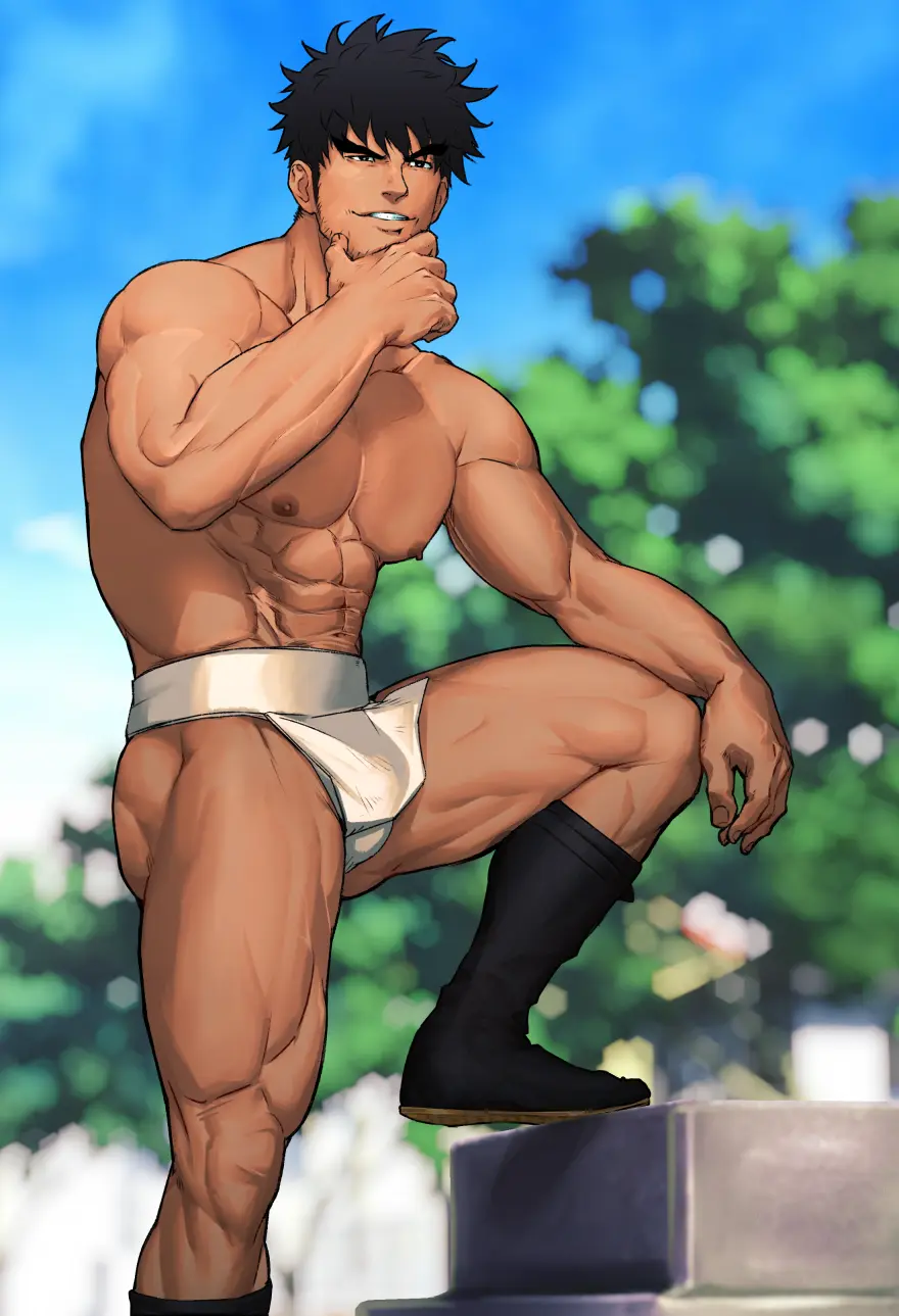 Image nipples,smile,1boy,black_hair,male,short_hair,seductive,seductive_look,seductive_smile,muscular,muscular_male,male_only,yaoi,original,original_character,pose,bara,bulge,fundoshi,male_nipples,vein,boots,muscles,daddy,masculine_male,muscular_arms,muscular_legs,muscular_thighs,mature_male,muscular_ass,blurred_background,beard_stubble,white_fundoshi,fundoshi_only,hand_on_chin,protruding_nipples,hesoten,shunta,syunta_87