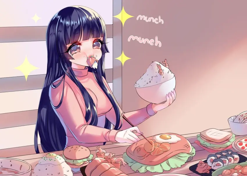 Image very_long_hair,black_hair,original,original_character,hair_intakes,expansion,eating,food,giantess_growth,sequence,third-party_source,food_in_mouth,expansion_sequence,omni_goddess