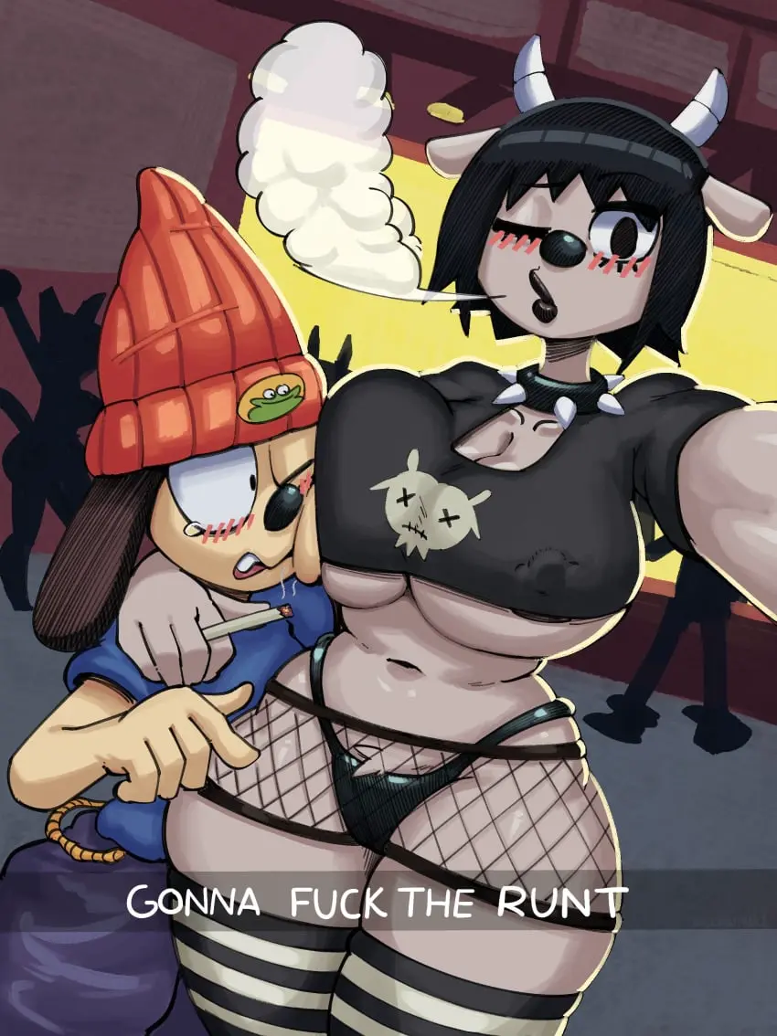 Image 1girls,big_breasts,blush,breasts,female,hi_res,large_breasts,1boy,bangs,black_hair,male,navel,thighhighs,thick_thighs,thighs,horns,grin,teeth,hair,text,nail_polish,medium_hair,collar,domestic_dog,grey_body,black_eyes,selfie,belt,english_text,interspecies,partially_clothed,fishnets,speech_bubble,nipple_bulge,goth,goth_girl,black_nails,cigarette,spiked_collar,grey_skin,sony_interactive_entertainment,parappa,parappa_the_rapper,sony_corporation,um_jammer_lammy,rammy_lamb,donutnaz,mddnaz