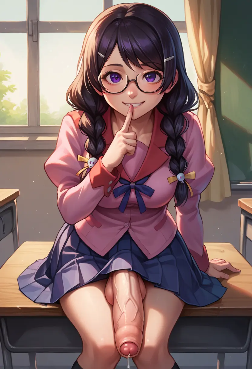 Image blush,breasts,hair_ornament,large_breasts,long_hair,long_sleeves,looking_at_viewer,shirt,smile,solo,bangs,black_hair,penis,1futa,futanari,intersex,ai_generated,balls,hair,huge_cock,veiny_penis,hairclip,sitting,testicles,purple_eyes,school_uniform,futa_only,socks,indoors,braid,flaccid,skirt,precum,pleated_skirt,black_socks,foreskin,uncircumcised,window,blue_skirt,vein,twin_braids,classroom,school_desk,puffy_sleeves,veiny,pink_shirt,juliet_sleeves,kneehighs,desk,finger_to_mouth,shushing,babski326,bakemonogatari,monogatari_(series),on_desk,naoetsu_high_school_uniform,hanekawa_tsubasa,purple_glans,kizumonogatari