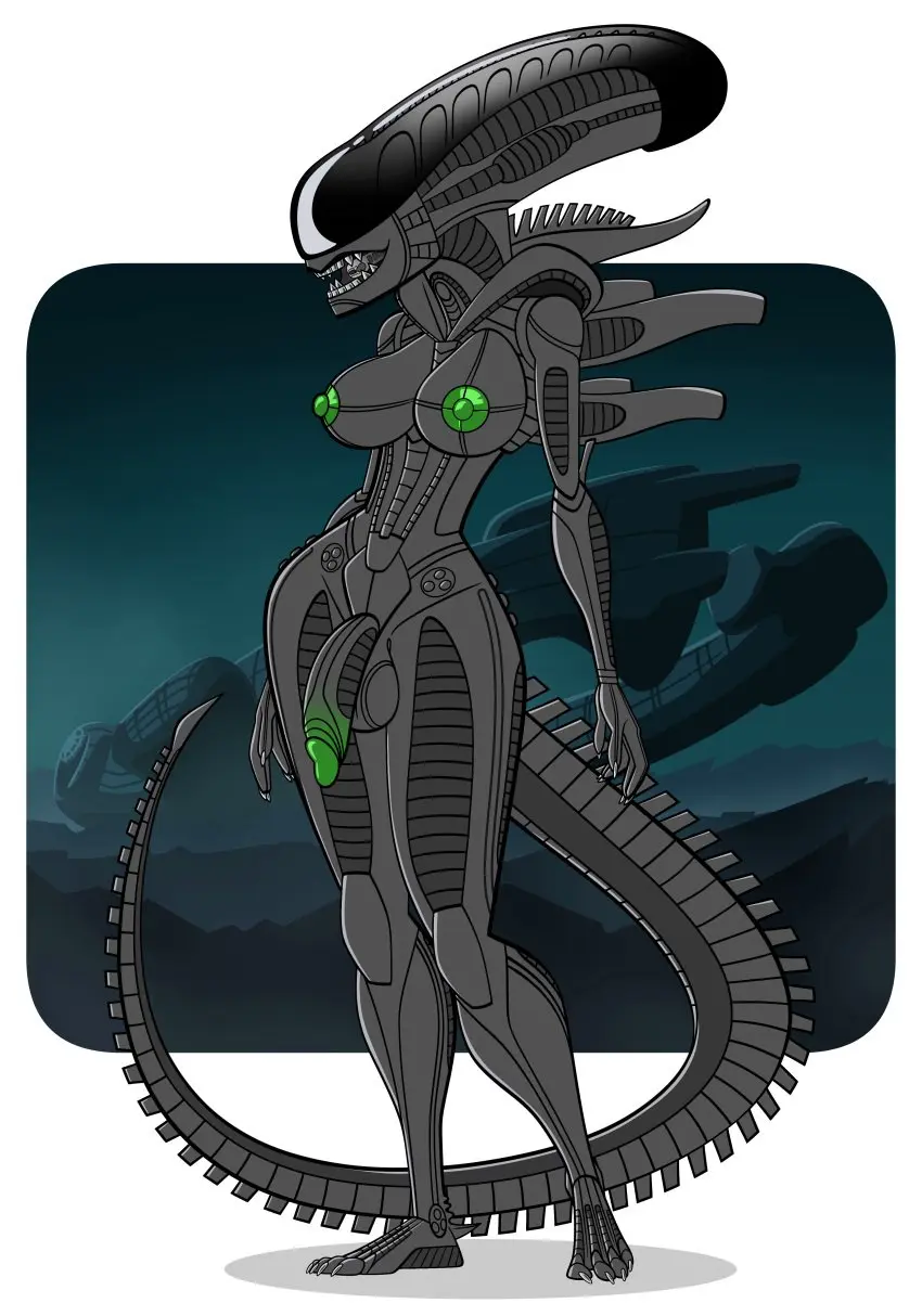 Image hi_res,nipples,simple_background,smile,solo,standing,white_background,penis,tail,futanari,intersex,feet,teeth,balls,anthro,absurd_res,sharp_teeth,genitals,grey_body,claws,green_nipples,fingers,toes,alien,green_penis,4_toes,spacecraft,vehicle,grey_skin,plantigrade,curled_tail,eyeless,ribbed_penis,6_fingers,landscape,alien_(franchise),xenomorph,blade,extraterrestrial,landscape_background,exposed_skull,weapon_tail,internecivus_raptus,penny_prickles,pharyngeal_jaws,tail_blade,translucent_body_parts,wreckage,xenia_morgan