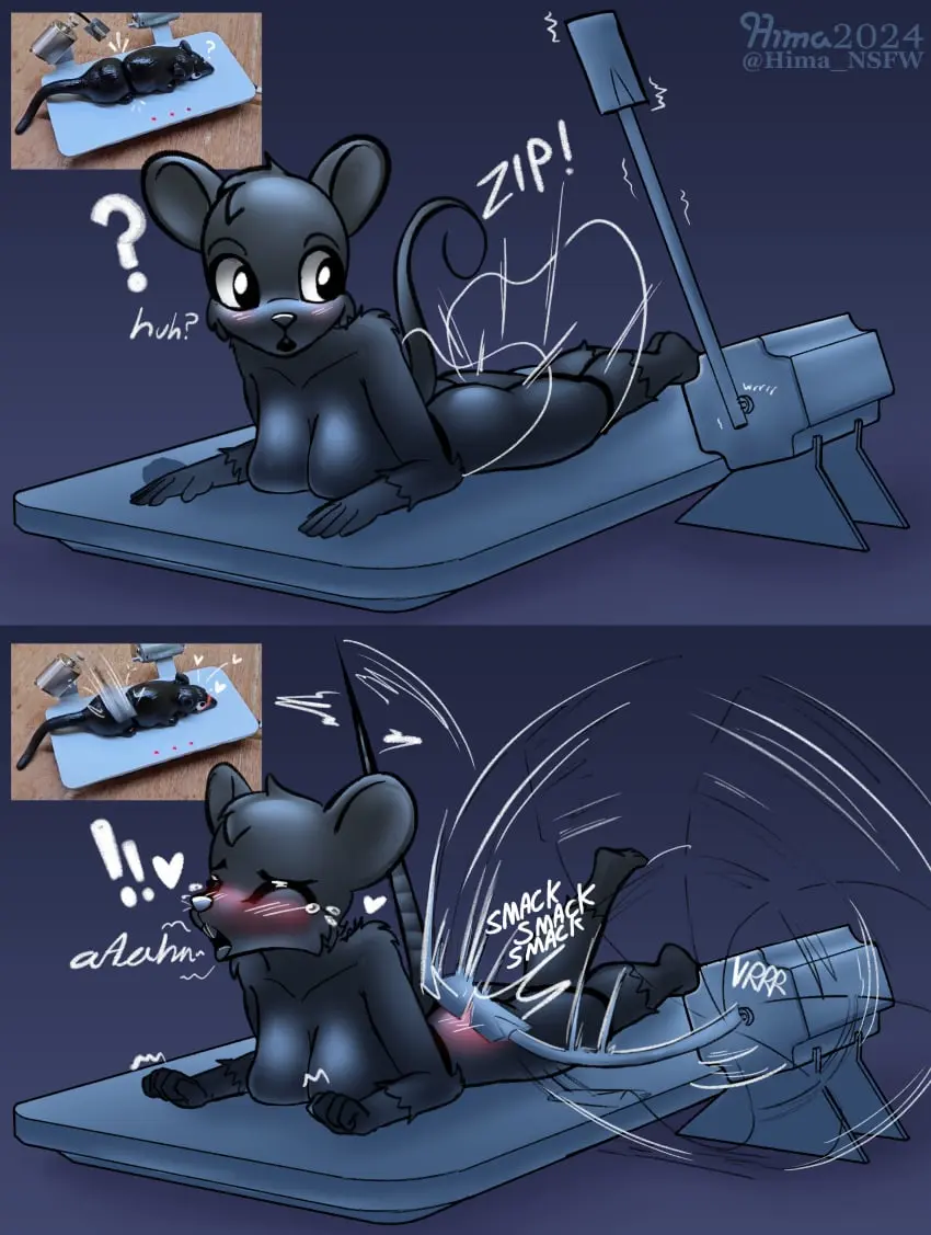 Image blush,breasts,female,hi_res,solo,lying,anthro,absurd_res,bodily_fluids,fur,mammal,black_body,glistening,glistening_body,tears,murid,moan,murine,rat,rodent,black_fur,machine,looking_aside,tears_of_pleasure,on_front,spanking,reference_image,butt_slap,slap,sequence,exclamation_point,body_blush,glistening_breasts,butt_blush,glistening_fur,hima_nsfw,machine_bondage