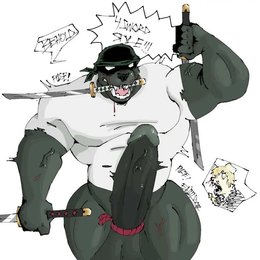 Image clothing, hi_res, male, penis, duo, one_piece, muscular, muscular_male, 2boys, male/male, male_only, accessory, jewelry, anthro, veiny_penis, character_request, blood, bodily_fluids, genitals, anthrofied, weapon, nosebleed, vein, hyper, hyper_genitalia, wardrobe_malfunction, muscles, sword, cock_ring, melee_weapon, vinsmoke_sanji, penis_accessory, penis_jewelry, veiny_muscles, flexing, roronoa_zoro, entiisocial