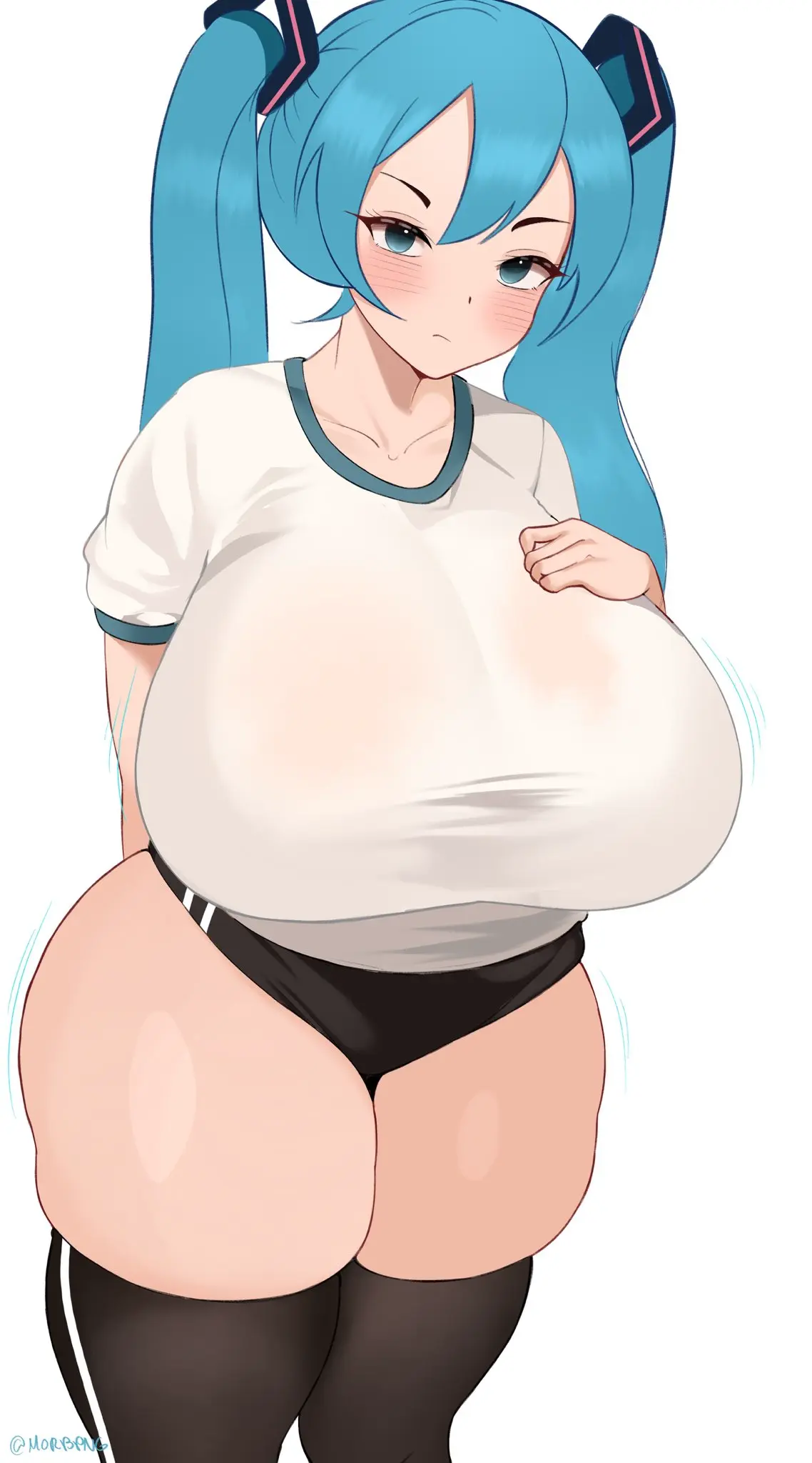 Image 1girls,breasts,female,female_only,large_breasts,looking_at_viewer,solo,thighhighs,thick_thighs,thighs,wide_hips,huge_breasts,skindentation,hatsune_miku,vocaloid,gym_uniform,morby