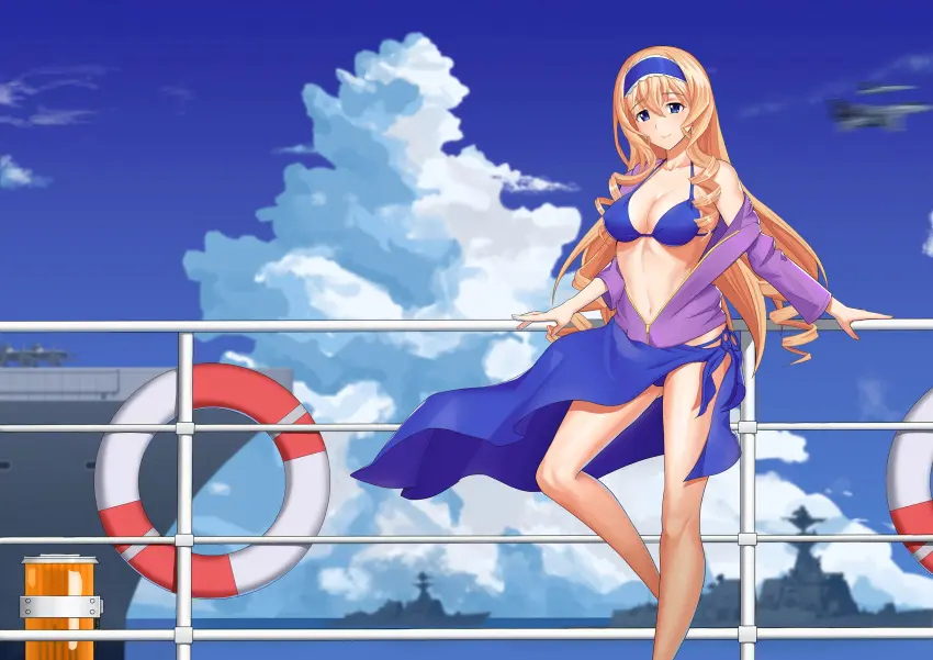 Image 1girls,big_breasts,blush,breasts,female,female_only,highres,large_breasts,long_hair,looking_at_viewer,open_clothes,open_shirt,shirt,smile,solo,standing,blue_eyes,blue_hair,navel,bikini,thighs,ocean,sky,cleavage,blonde_hair,legs,swimsuit,cloud,busty,off_shoulder,strap_gap,matching_hair/eyes,day,blouse,sensual,military,motion_blur,sarong,drill_hair,side-tie_bikini_bottom,aircraft,ship,airplane,watercraft,jet,light_smile,military_vehicle,infinite_stratos,northman,cecilia_alcott,f/a-18e_super_hornet,fighter_jet,warship