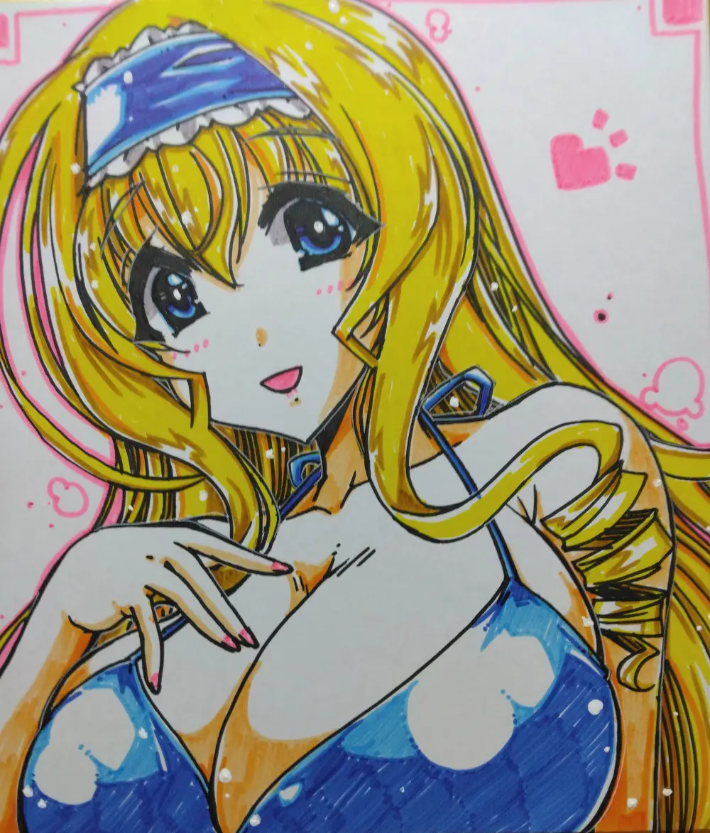 Image 1girls,big_breasts,bow,breasts,female,female_only,hairbow,long_hair,looking_at_viewer,open_mouth,smile,solo,very_long_hair,blue_eyes,bikini,voluptuous,cleavage,hairband,huge_breasts,swimsuit,busty,heart,blue_bikini,traditional_media_(artwork),hand_on_own_chest,drill_hair,traditional_media,infinite_stratos,cecilia_alcott