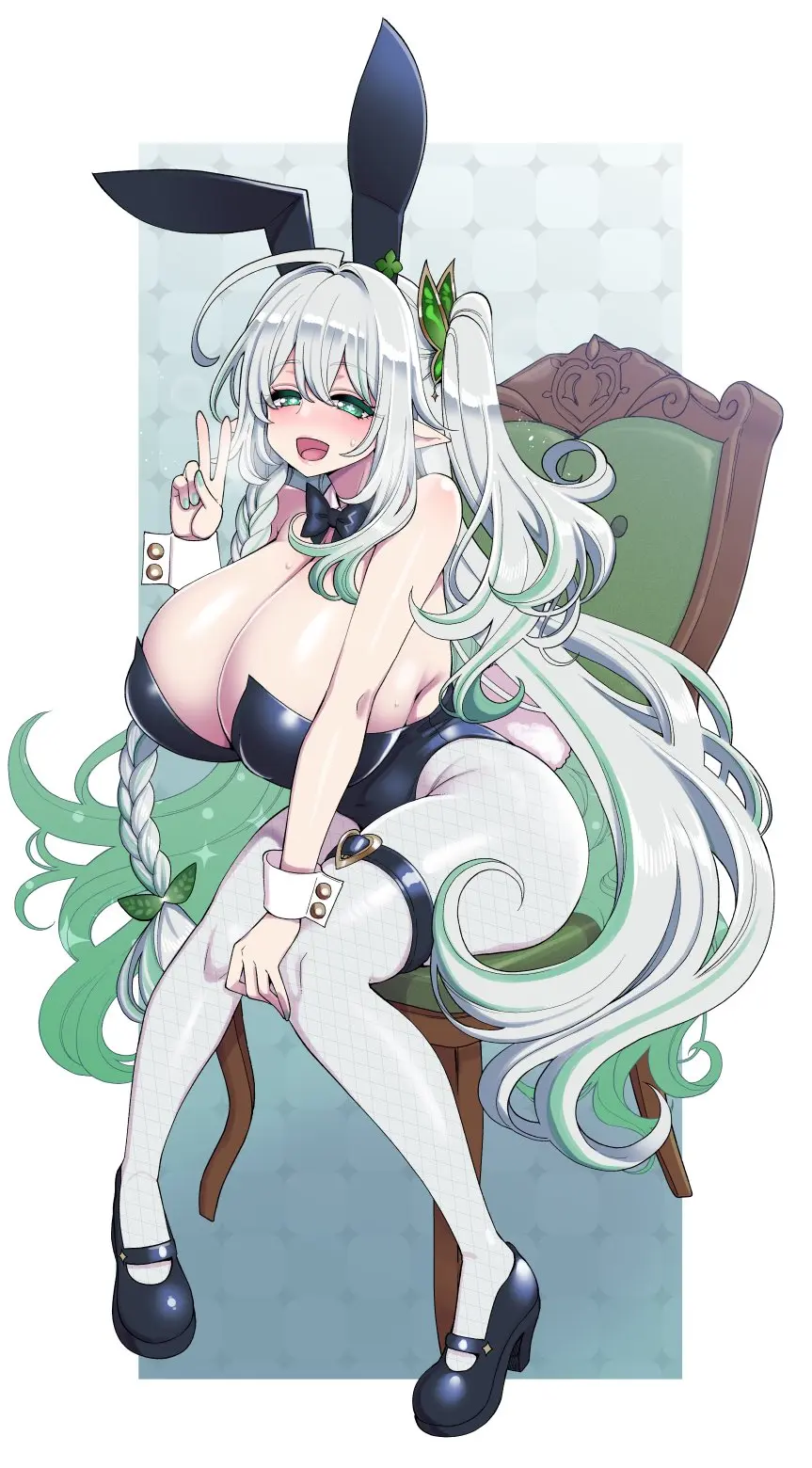 Image 1girls,breasts,female,female_only,large_breasts,light-skinned_female,light_skin,looking_at_viewer,solo,white_hair,wide_hips,cleavage,aged_up,green_eyes,sitting,genshin_impact,bunnysuit,nahida_(genshin_impact),hanauna