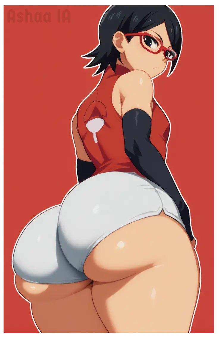 Image female,simple_background,black_hair,elbow_gloves,gloves,big_ass,big_butt,bubble_butt,ai_generated,glasses,low-angle_view,black_eyes,naruto,naruto_(series),boruto:_naruto_next_generations,red_glasses,pawg,red_background,white_shorts,red_shirt,sarada_uchiha,ashaa,white_outline,uchiha_sarada,uchiha_symbol