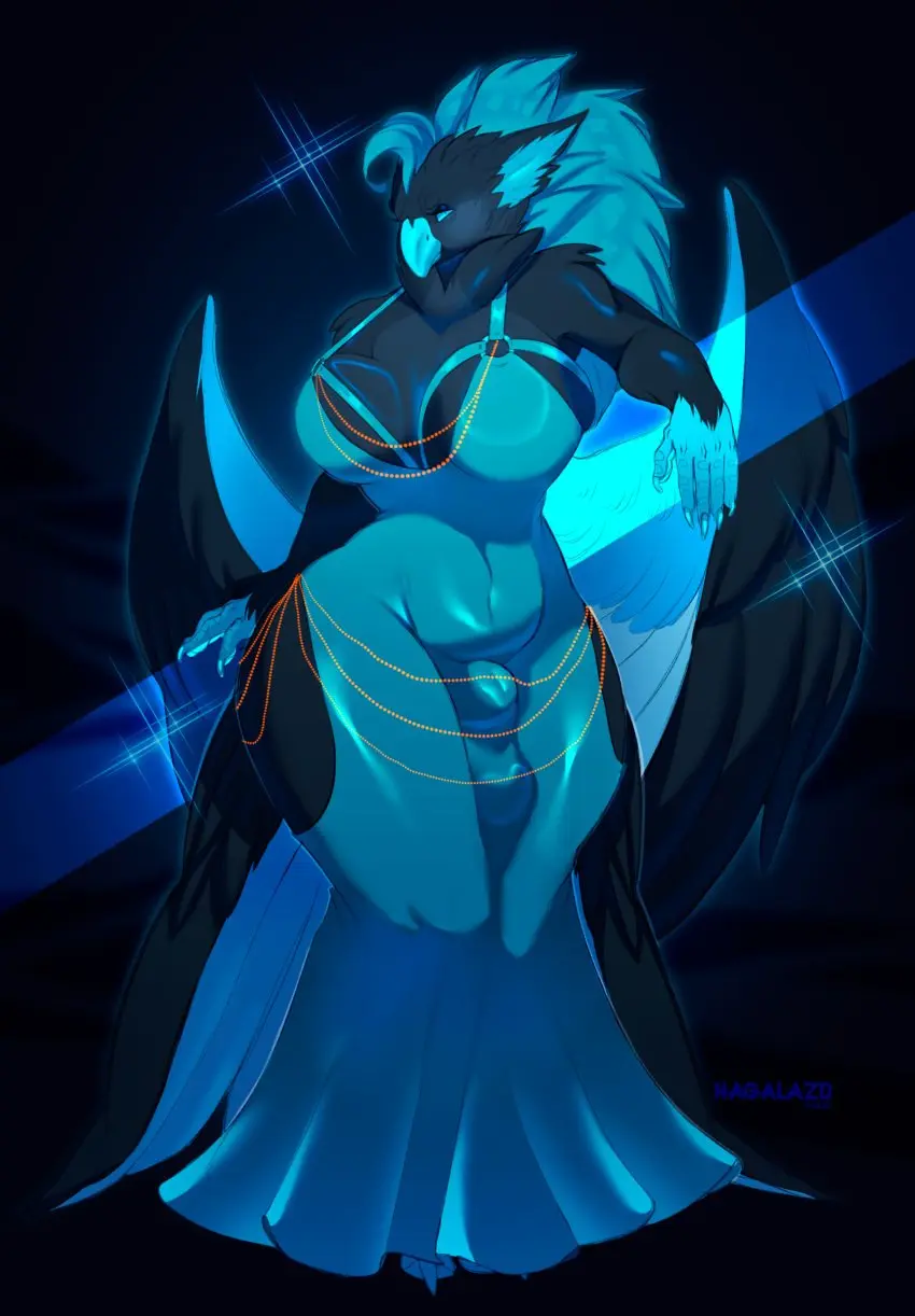 Image big_breasts,breasts,clothed,clothing,hi_res,simple_background,solo,blue_eyes,penis,tail,futanari,intersex,digital_media_(artwork),balls,hair,feathered_wings,feathers,wings,anthro,mythology,bulge,fur,genitals,claws,black_body,blue_body,avian,beak,bird,animal_genitalia,herm,sheath,mythological_creature,meme,meme_clothing,modakawa_dress,blue_feathers,gryphon,mythological_avian,fully_sheathed,hollow_hip_backless_chain_dress,hagalazd,sheath_outline,astrel_starlight