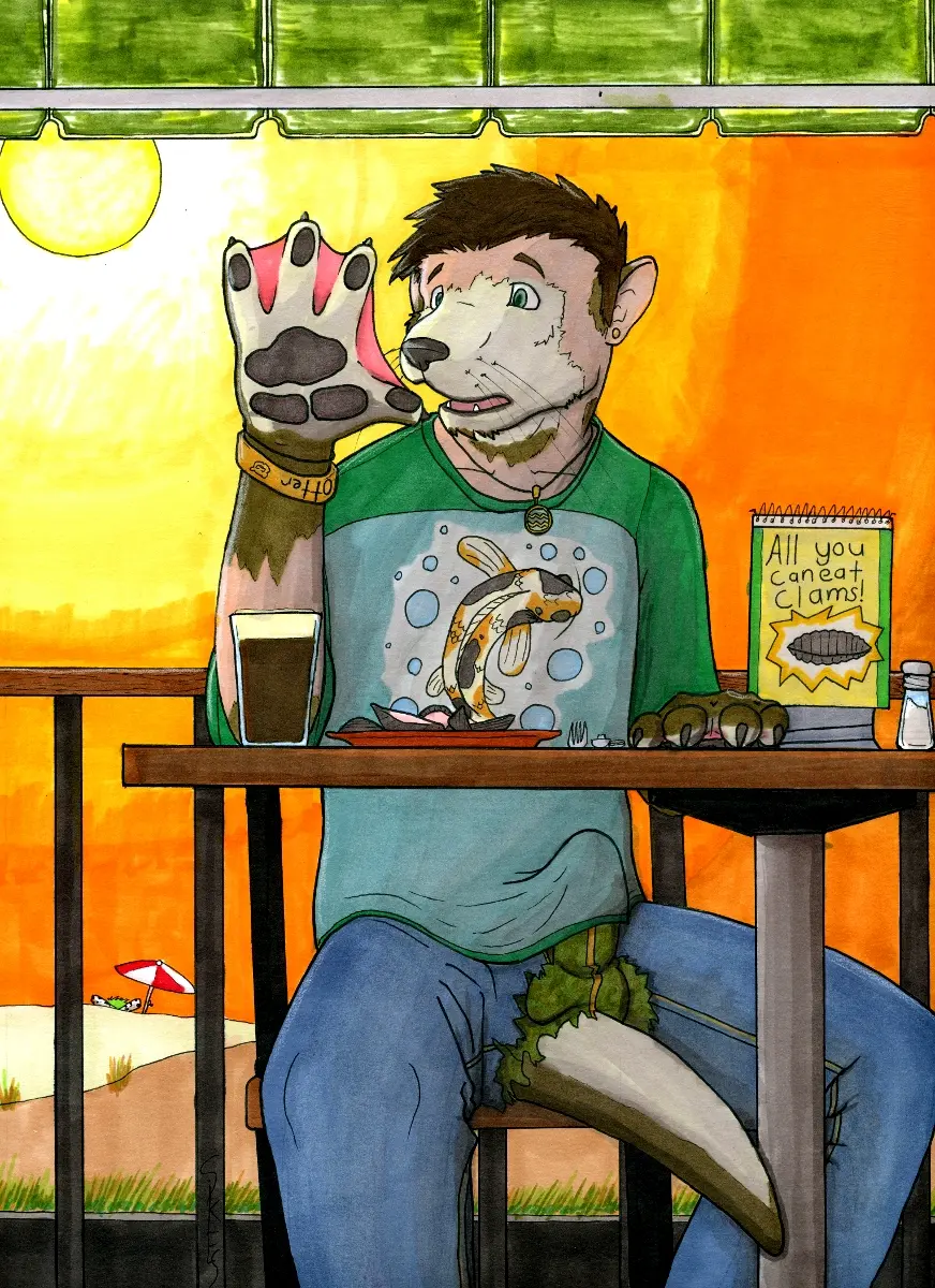 Image clothed, clothing, hi_res, human, solo, male, tail, underwear, erection, beach, male_only, jewelry, piercing, text, sitting, necklace, bulge, public, fur, mammal, snout, ear_piercing, sand, english_text, outside, male_focus, mustelid, otter, furniture, transformation, table, feral, erection_under_clothing, torn_clothing, growth, sunset, beverage, membrane_(anatomy), species_transformation, webbed_hands, umbrella, mid_transformation, restaurant, tail_growth, snout_growth, fur_growth, sikes, tail_growth_in_pants