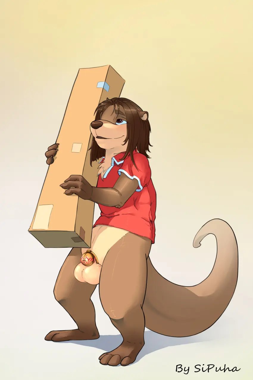 Image clothing,hi_res,shirt,solo,male,male_only,gold_(metal),balls,hair,anthro,absurd_res,brown_hair,big_balls,genitals,holding_object,mammal,chastity_cage,male_focus,mustelid,otter,topwear,heart_symbol,container,chastity_device,box,gold_chastity_cage,gold_chastity_device,holding_container,permanent_chastity_device,cursed_object,holding_box,cursed_chastity_cage,sipuha,kenley_(golddrake)