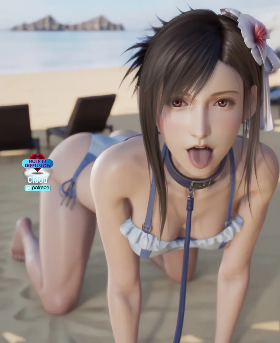 Image 1girls,breasts,female,looking_at_viewer,red_eyes,solo,black_hair,tongue_out,bikini,tongue,beach,ai_generated,cleavage,solo_female,solo_focus,swimsuit,brown_hair,outdoors,collar,final_fantasy,final_fantasy_vii,final_fantasy_vii_remake,tifa_lockhart,flower,hair_flower,all_fours,video_games,leash,swimwear,video_game,video_game_character,video_game_franchise,final_fantasy_vii_rebirth,on_all_fours,frills,pony_diffusion_xl,cgi,cgi_girl,rule34_diffusion(artist)