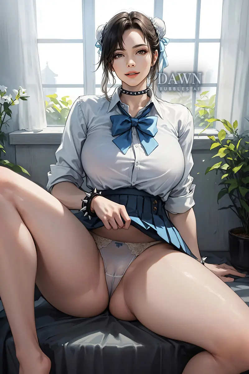 Image breasts,brown_eyes,female,female_only,looking_at_viewer,solo,short_hair,panties,ass,female_focus,thick_thighs,thighs,voluptuous,ai_generated,huge_breasts,spread_legs,schoolgirl,sitting,school_uniform,brown_hair,mature_female,collar,skirt,serafuku,non_nude,asian,asian_female,skirt_lift,bun_cover,spiked_bracelet,chun-li,street_fighter,spiked_collar,upskirt,skirt_pull,pantyshot,dawnbubblesai