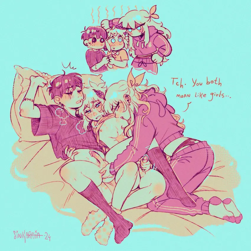 Image female,group_sex,threesome,cowgirl_position,masturbation,dominant,aubrey_(omori),basil_(omori),omori,sunny_(omori),moaning,bisexual,jerkingoff,bullying,fetish,fingering_ass,visible_underwear,bitting_nipples,sinkaraia,sintastein