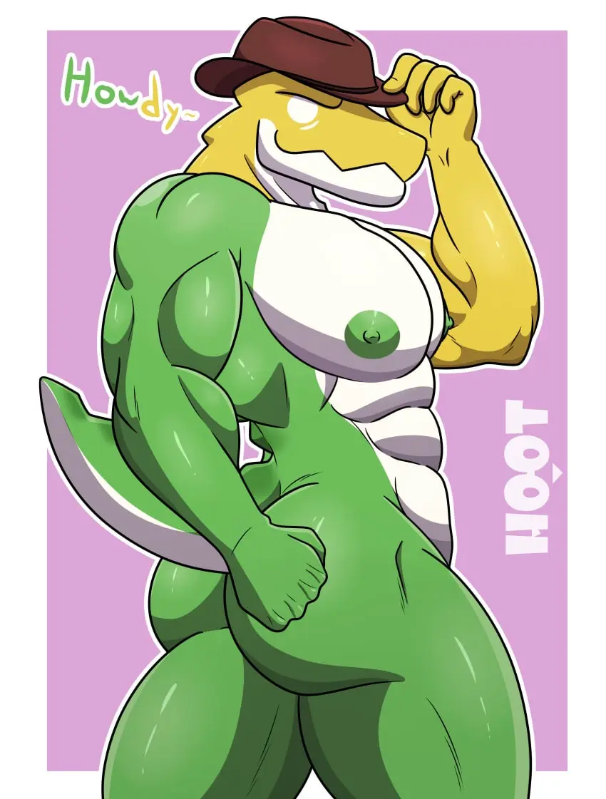Image clothing,hi_res,nipples,simple_background,solo,male,nude,tail,ass,big_butt,hat,humanoid,headwear,muscular,muscular_male,male_only,digital_media_(artwork),headgear,anthro,absurd_res,muscular_anthro,pecs,green_body,reptile,scales,scalie,male_focus,abs,crocodile,crocodilian,crocodylid,food,cowboy_hat,the_amazing_digital_circus,food_creature,candy,dessert,glitch_productions,gummigoo_(the_amazing_digital_circus),gummy_(food),living_candy,gummy_creature,dg254